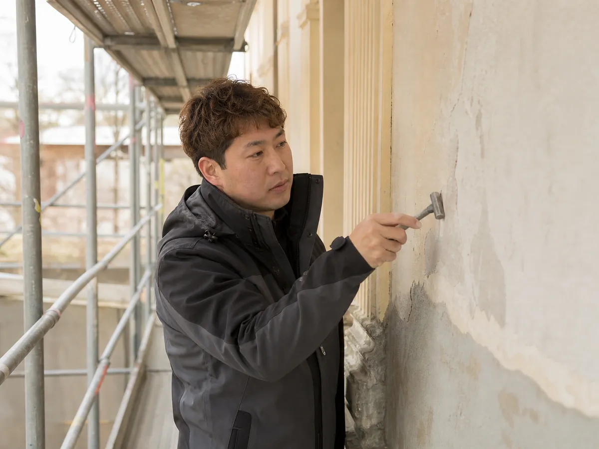 Bausachverständiger prüft eine Putzfassade auf Hohlstellen, die Bezeichnung ist nicht geschützt