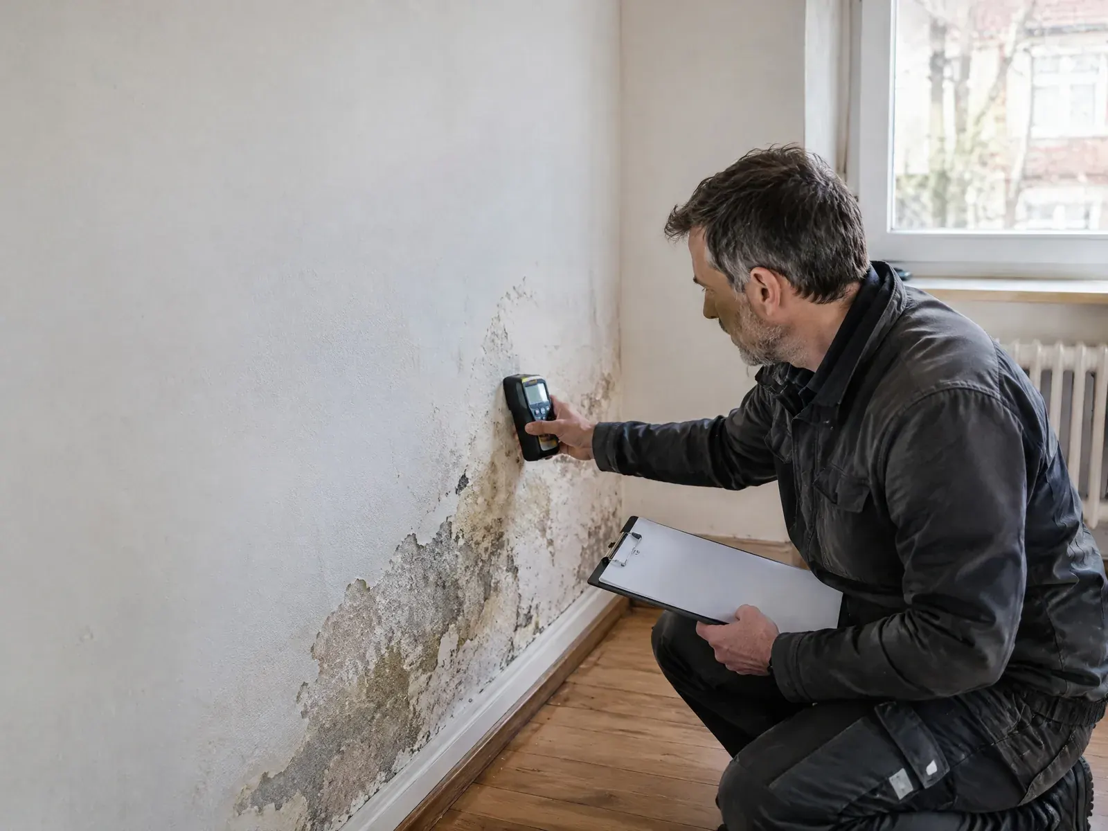 Bausachverständiger misst mit einem Feuchtemessgerät einen Feuchteschaden an einer Innenwand
