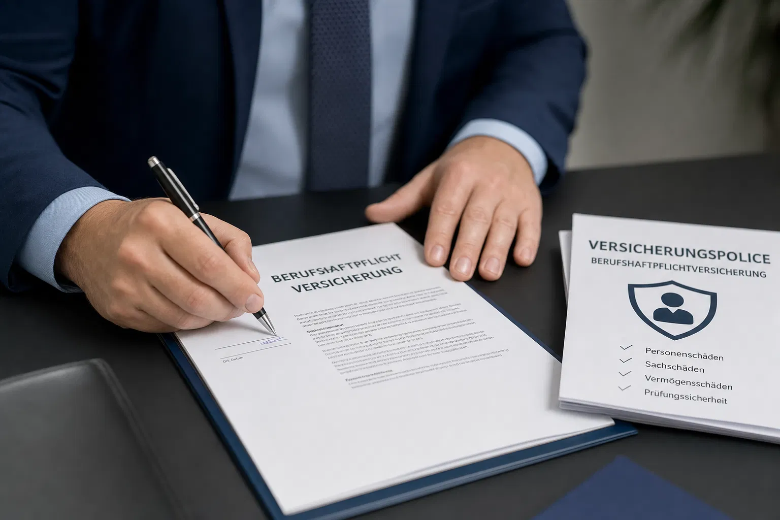 Hand mit Stift über einem Antrag zur Berufshaftpflichtversicherung neben einer Versicherungspolice