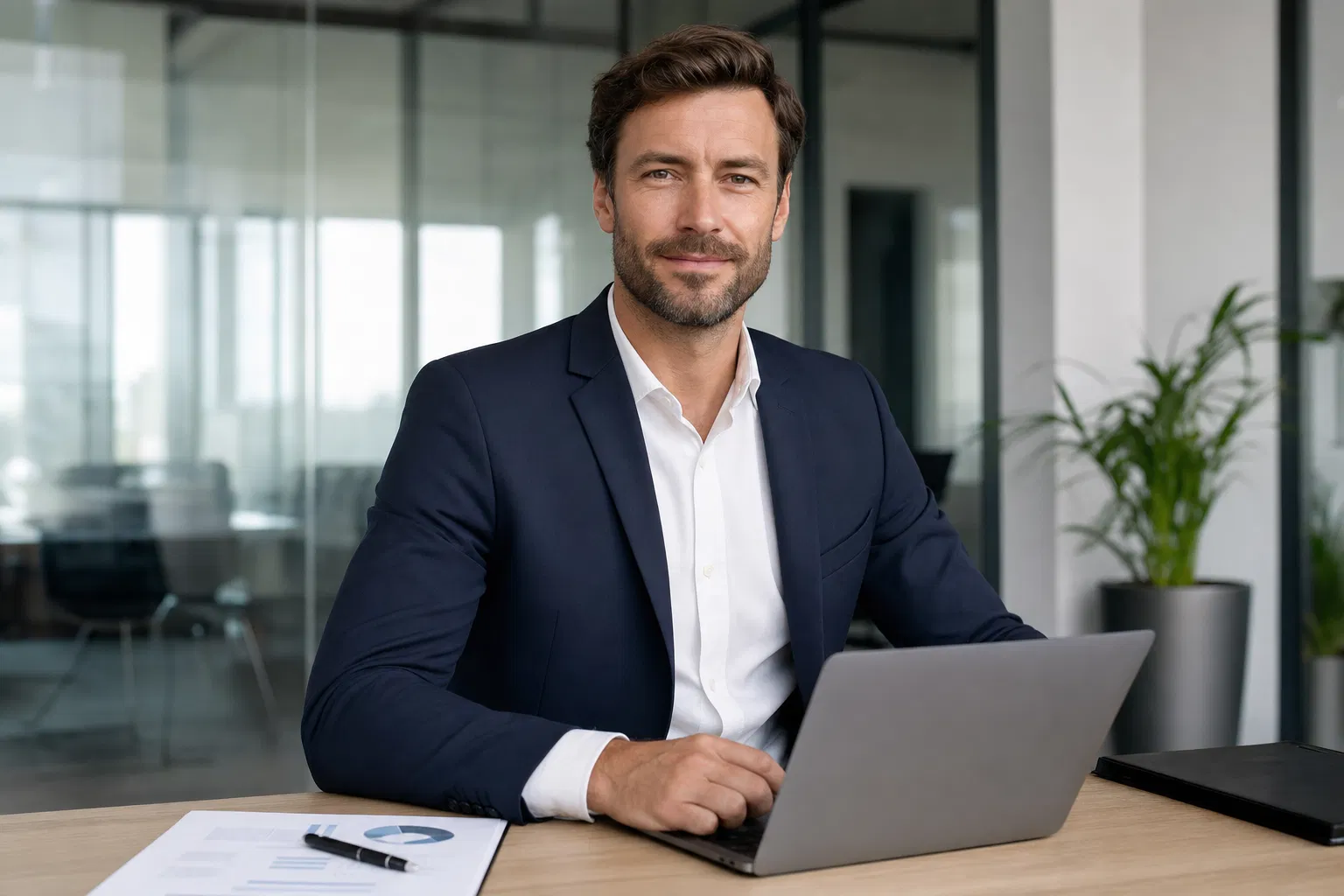 Mann im dunklen Sakko sitzt lächelnd am Laptop in einem hellen Büro mit Glaswänden und Pflanze