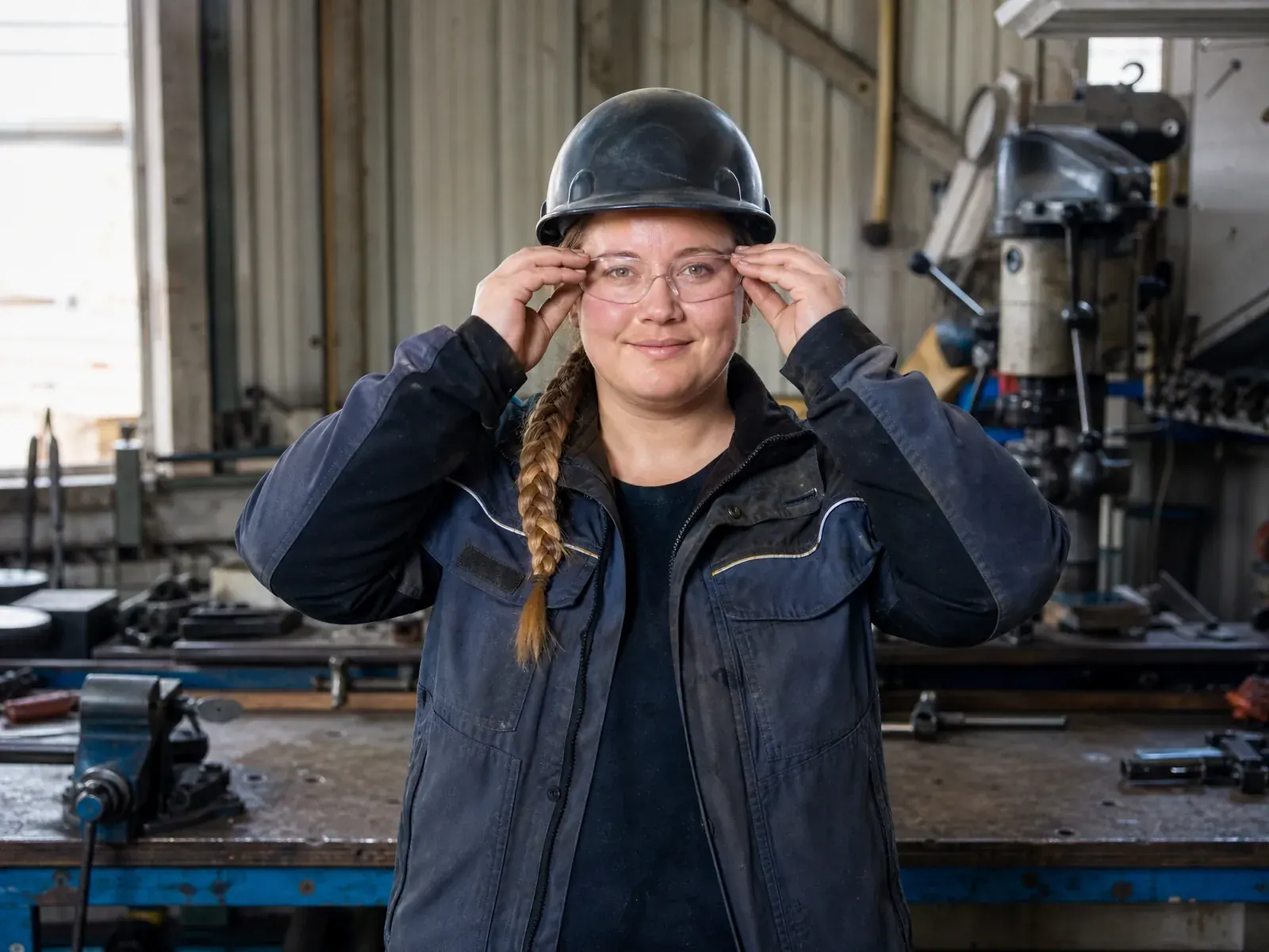 Berufsgenossenschaft für Selbstständige: Handwerkerin setzt in ihrer Werkstatt Schutzhelm und Schutzbrille auf