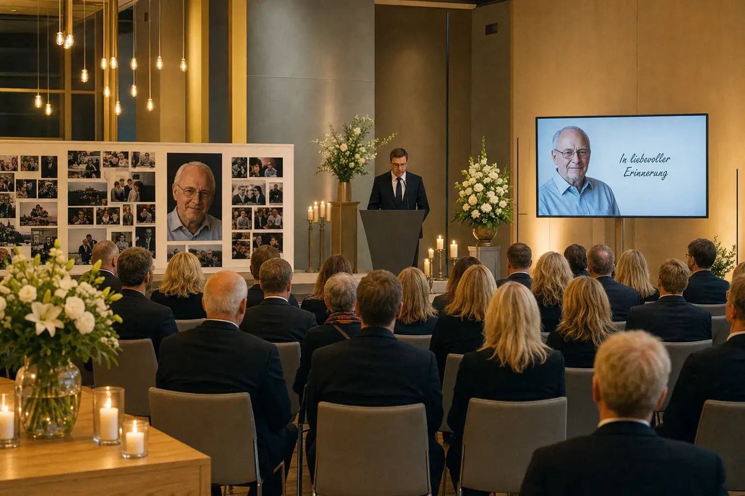 Trauerfeier in einem hellen Saal: ein Redner steht am Pult, daneben Blumen, eine Fotowand und ein Bildschirm mit dem Porträt eines älteren Mannes