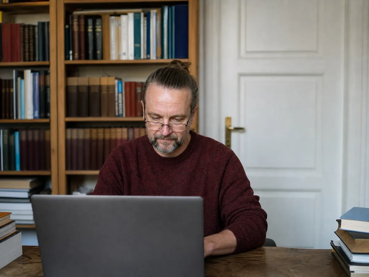 Übersetzer im abgeschlossenen Arbeitszimmer, das er als Homeoffice von der Steuer absetzen kann