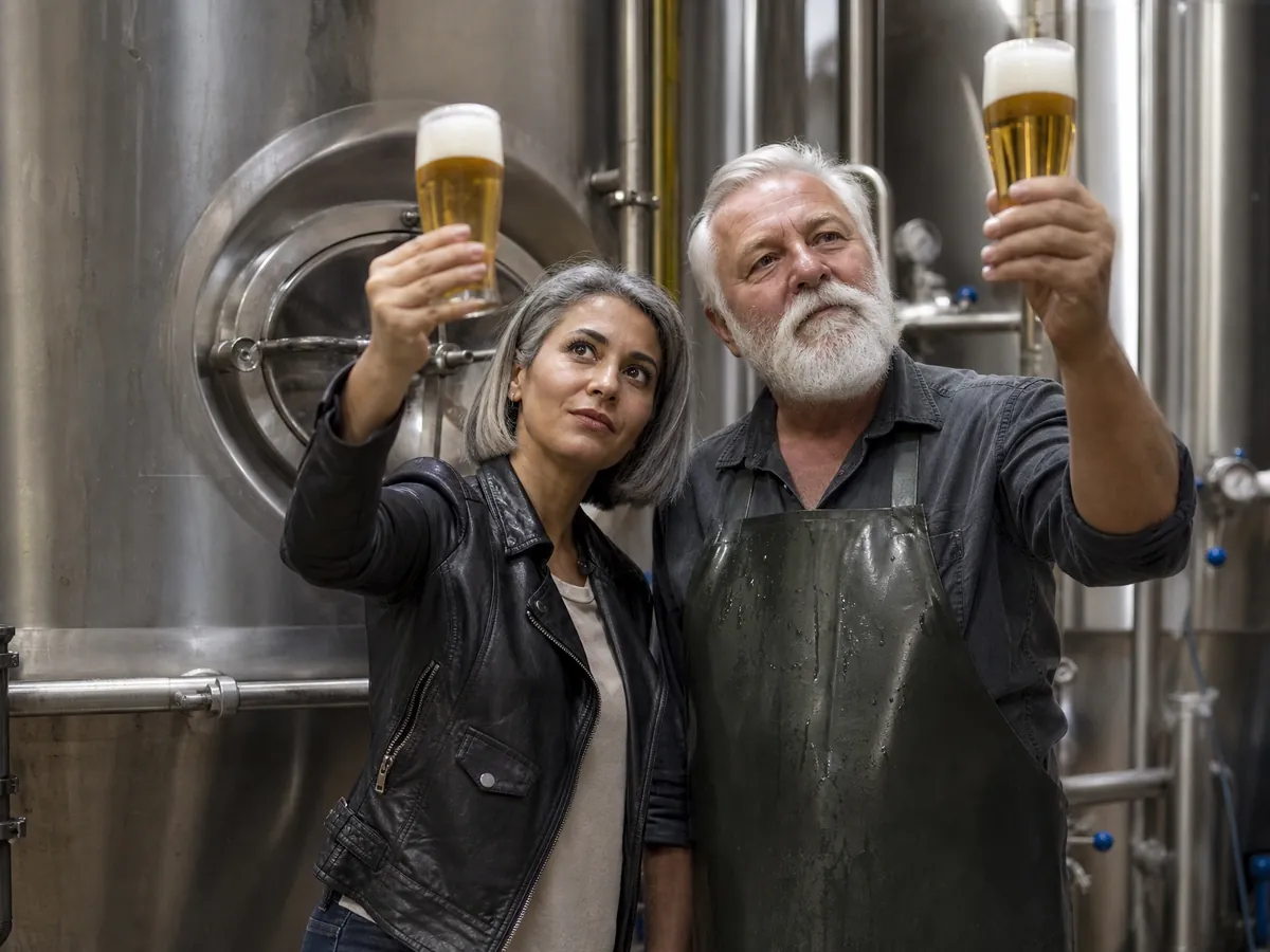 Biergartenwirtin probiert mit dem Braumeister Bier, bevor sie einen Brauereivertrag schließt