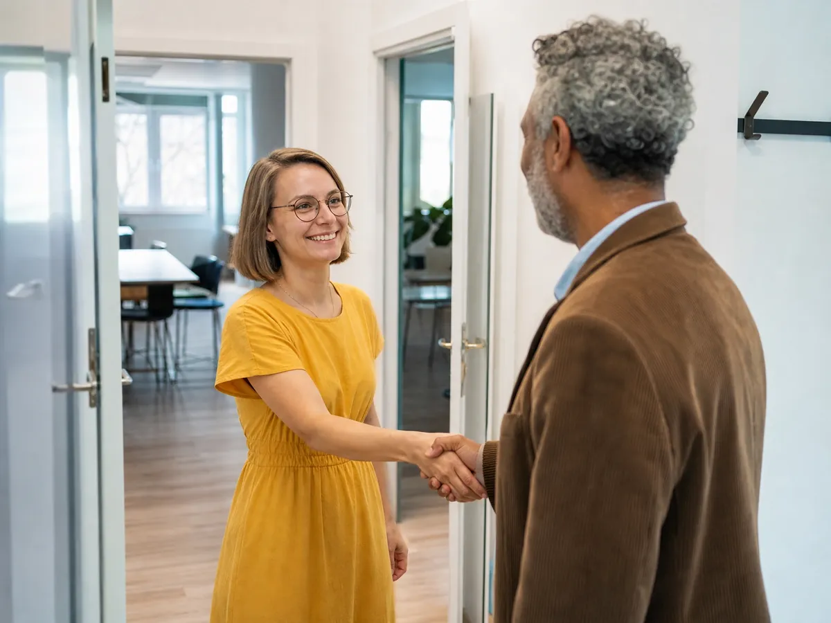 Gründerin begrüßt einen Dozenten, mit Personal und Räumen schützt eine GmbH ihr Privatvermögen