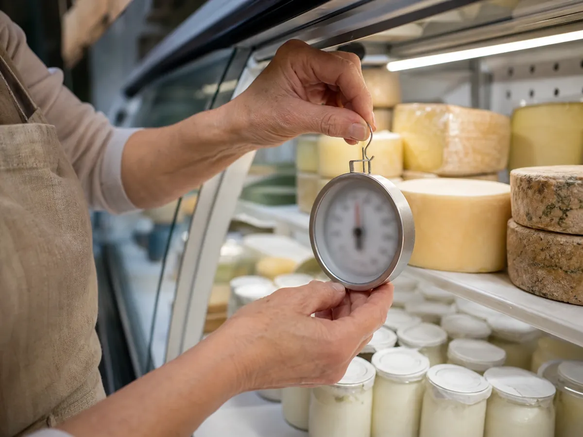 Hand prüft die Temperatur der Kühlvitrine im Bioladen als Eigenkontrolle nach HACCP