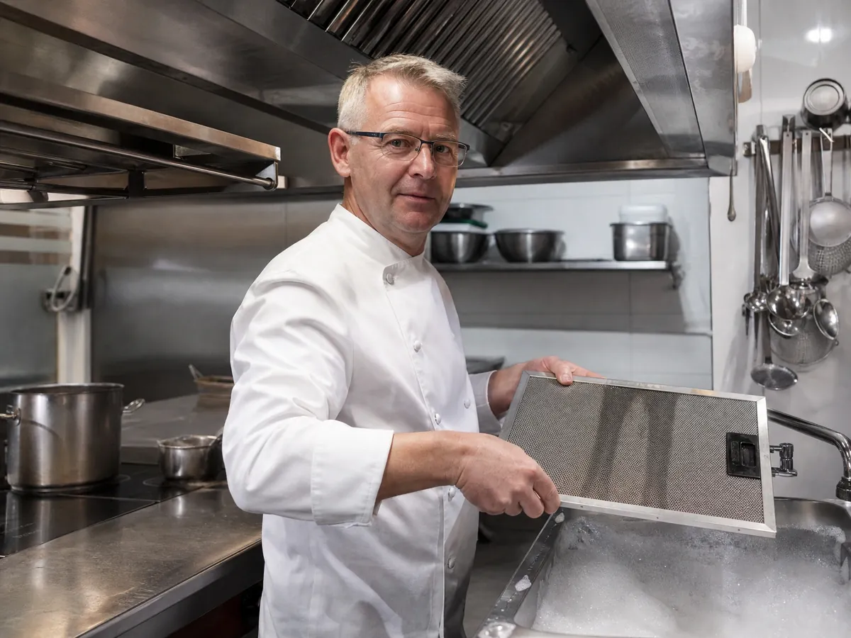 Koch reinigt die Abzugshaube, Abluft und Fettabscheider gehören zu den Auflagen für ein Bistro