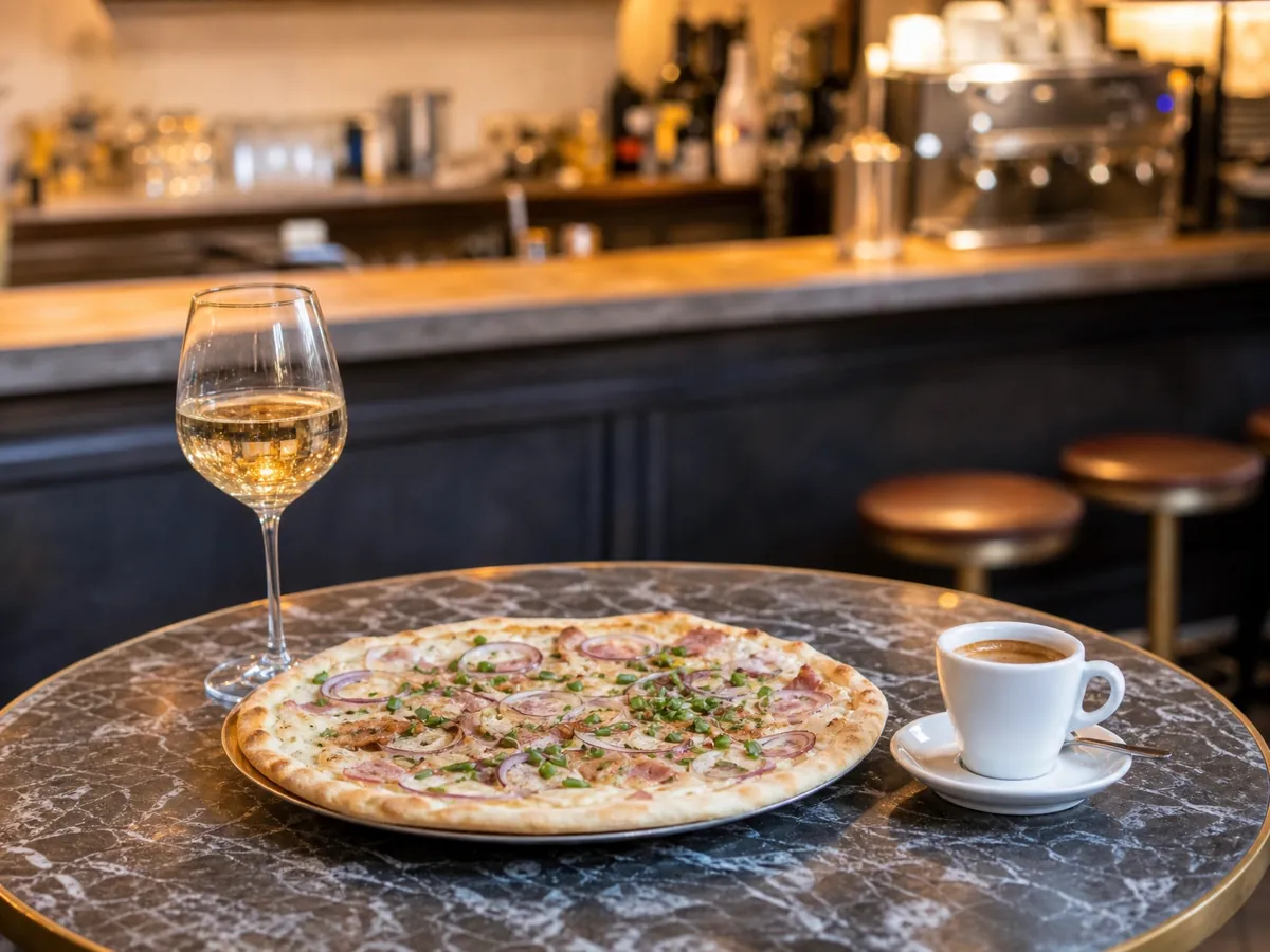 Flammkuchen, Wein und Espresso zeigen, wie ein Bistro zwischen Café und Restaurant liegt