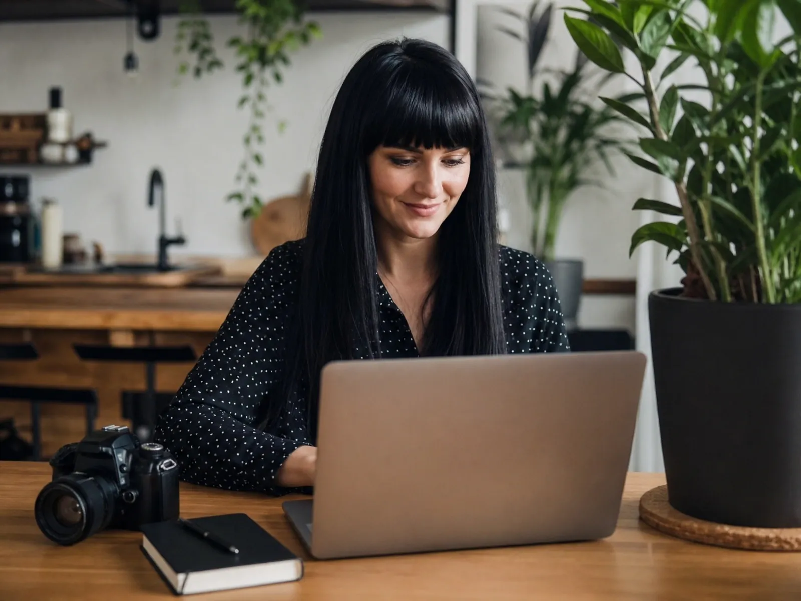 Blog als Gewerbe anmelden: Bloggerin schreibt am Laptop, daneben ihre Kamera
