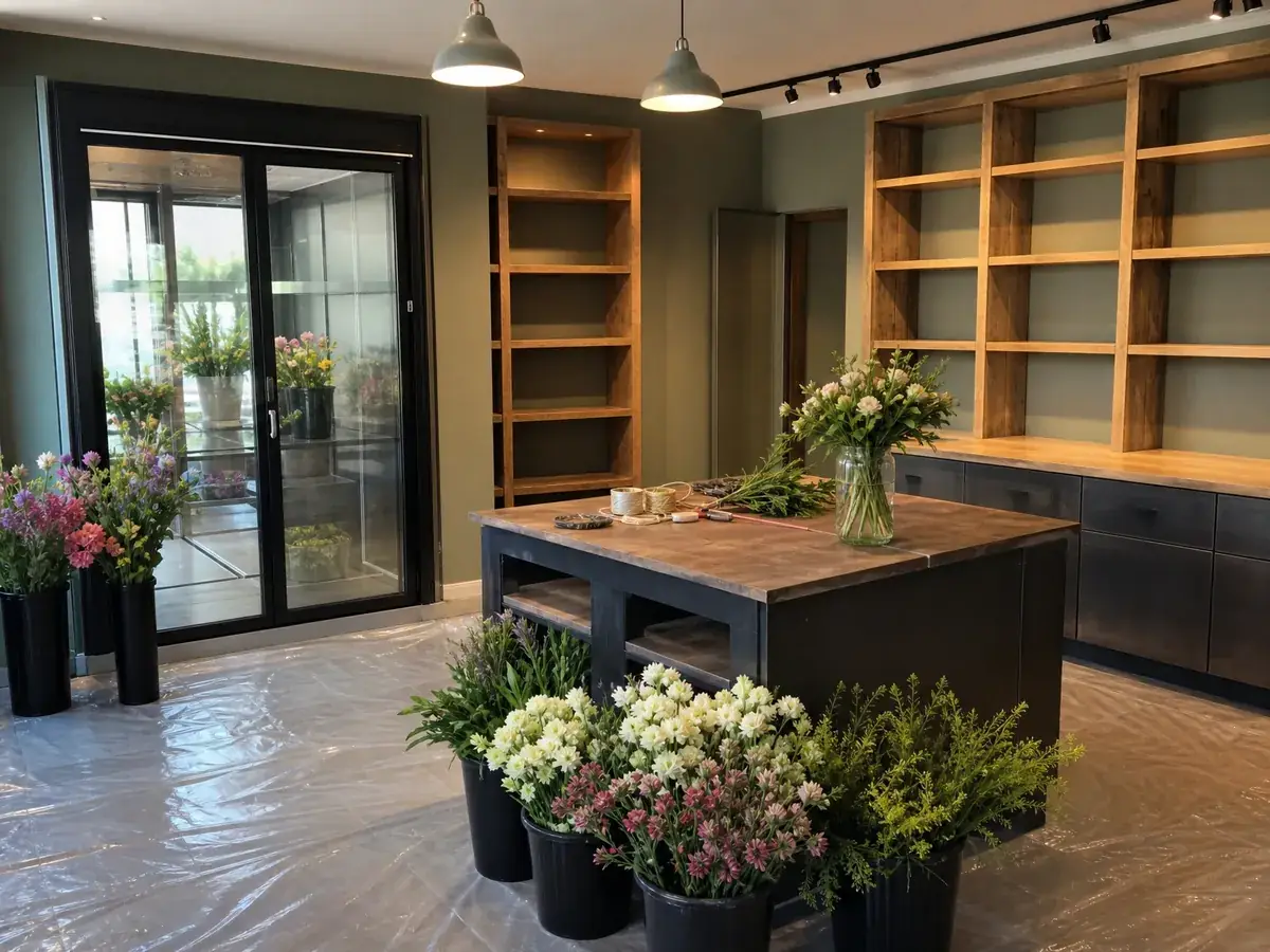 Renovierter Blumenladen vor der Eröffnung mit neuer Kühlzelle, Holzregalen und ersten Eimern Schnittblumen