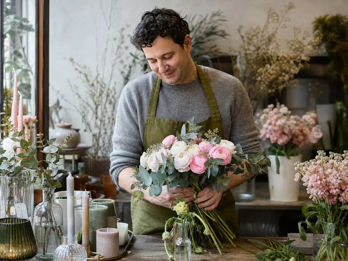 Florist bindet im Blumenladen einen Ranunkelstrauß, daneben stehen Glasvasen und Kerzen zum Verkauf