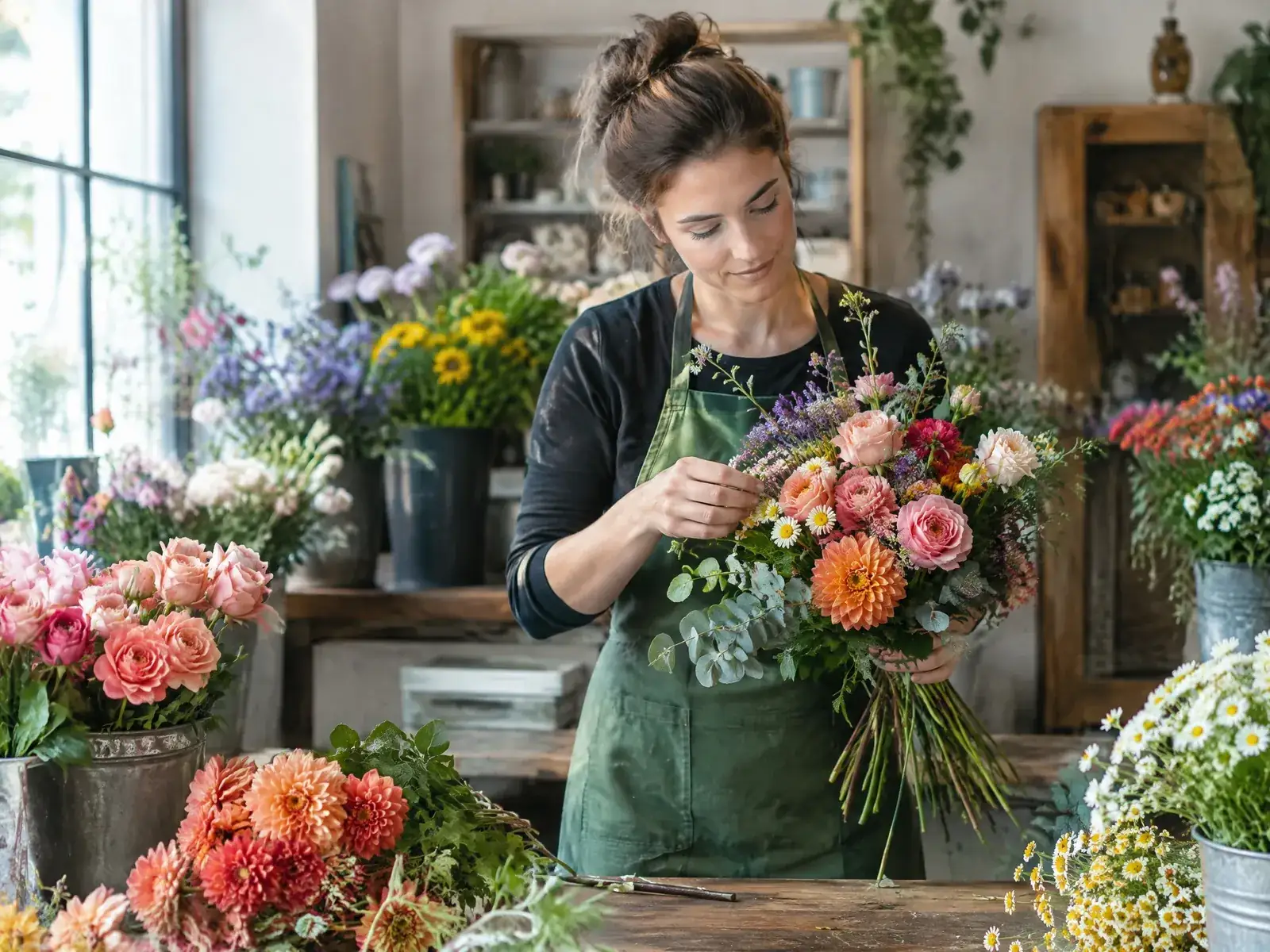 Blumenladen eröffnen: Floristin bindet in ihrem Laden einen bunten Strauß