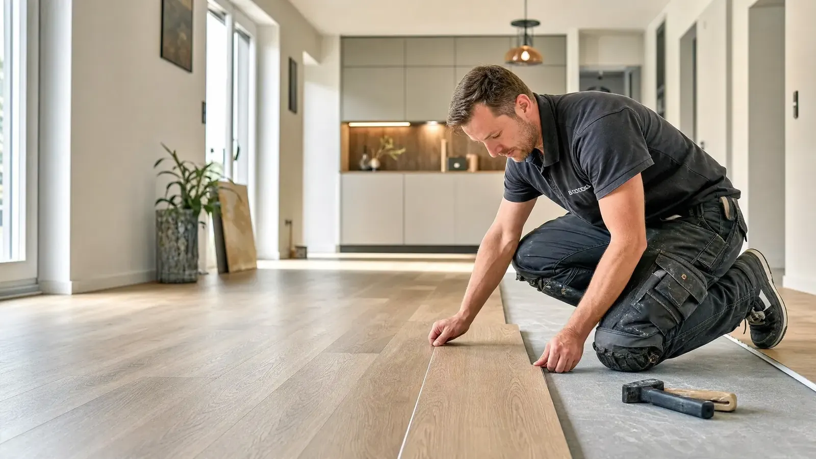 Bodenleger kniet in einem hellen Wohnraum und verlegt Dielen aus Designbelag