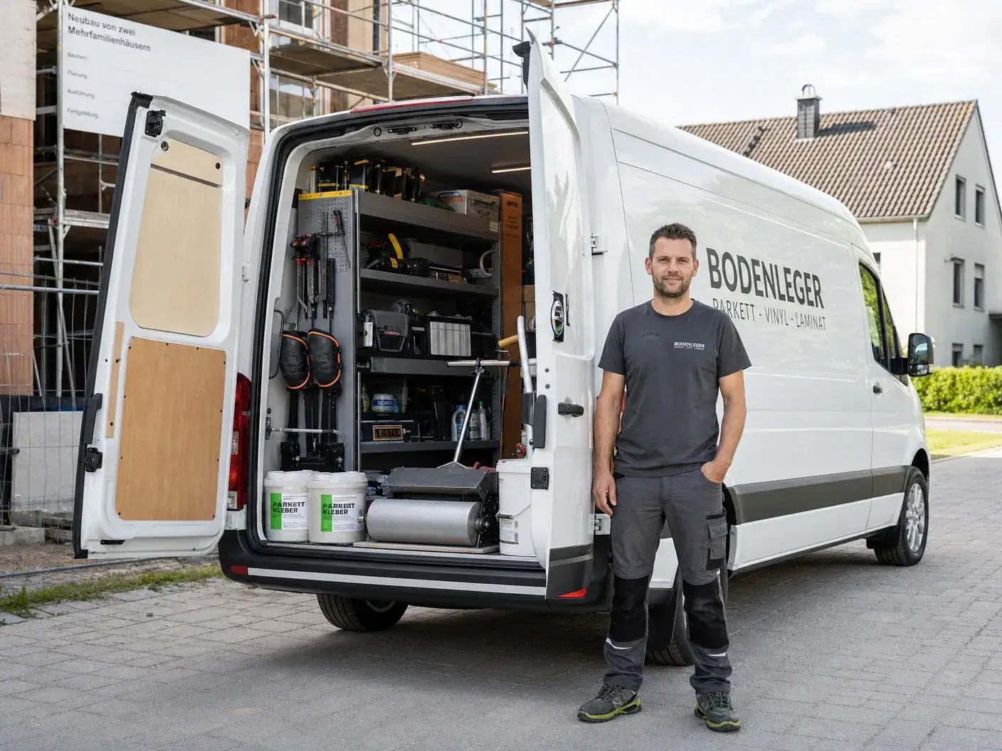 Handwerker steht vor seinem geöffneten Transporter mit Werkzeug, Regalen und Material