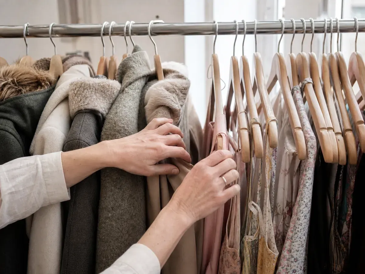 Hände tauschen in einer Boutique Sommerkleider gegen Wintermäntel an der Kleiderstange zum Saisonwechsel