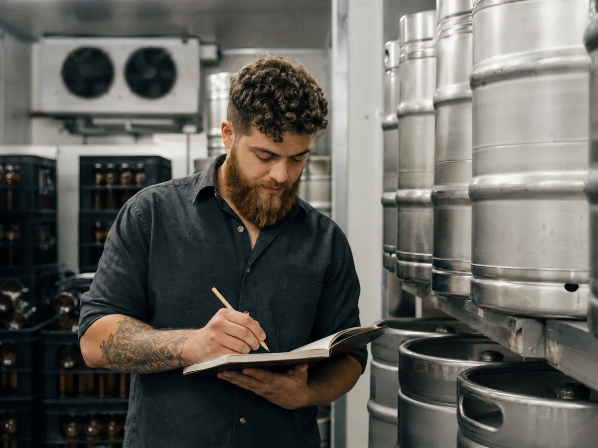 Brauer zählt im Lagerraum seiner Brauerei Bierfässer und Flaschenkästen für das Steuerlager