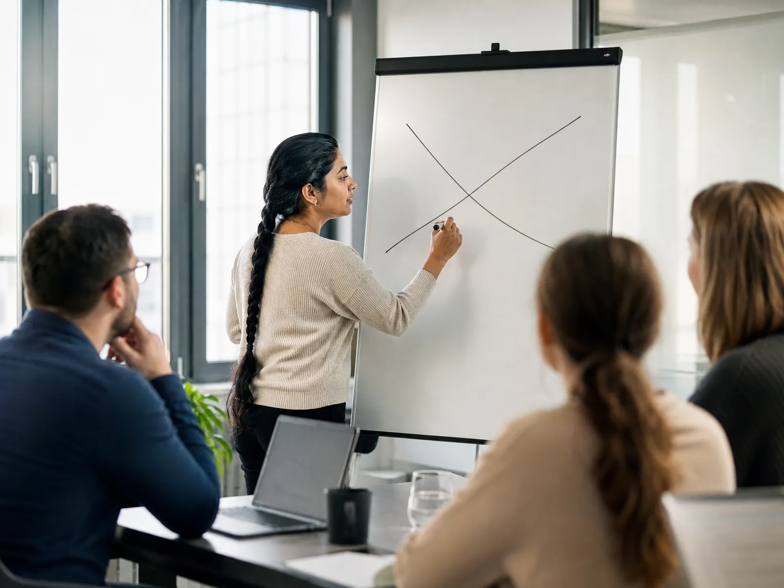 Break-even berechnen: Gründerin zeichnet zwei sich kreuzende Linien auf ein Flipchart