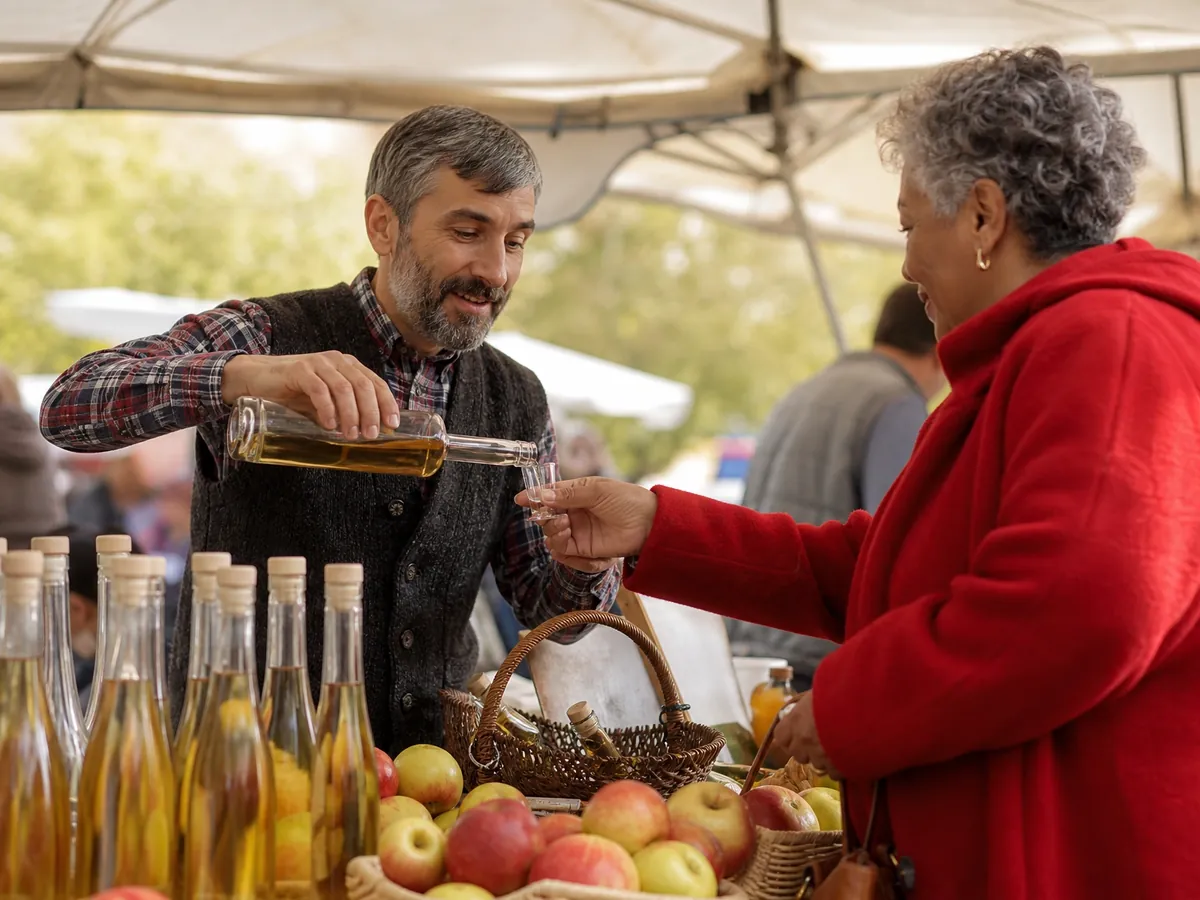 Brenner lässt eine Kundin an seinem Marktstand Obstbrand probieren, daneben Flaschen und Äpfel