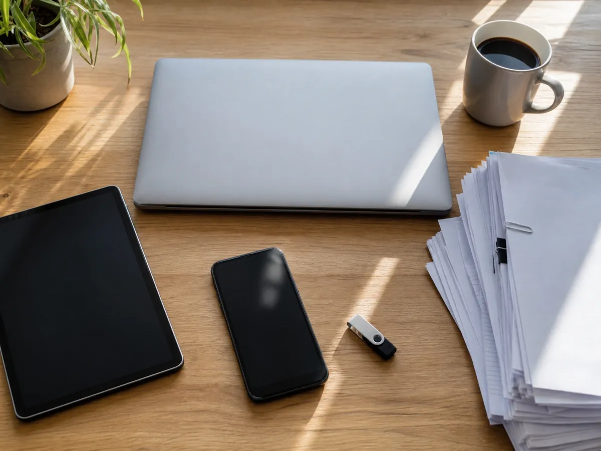 Schreibtisch mit Laptop, Tablet, Smartphone und Belegen als Arbeitsplatz für Buchhaltungssoftware