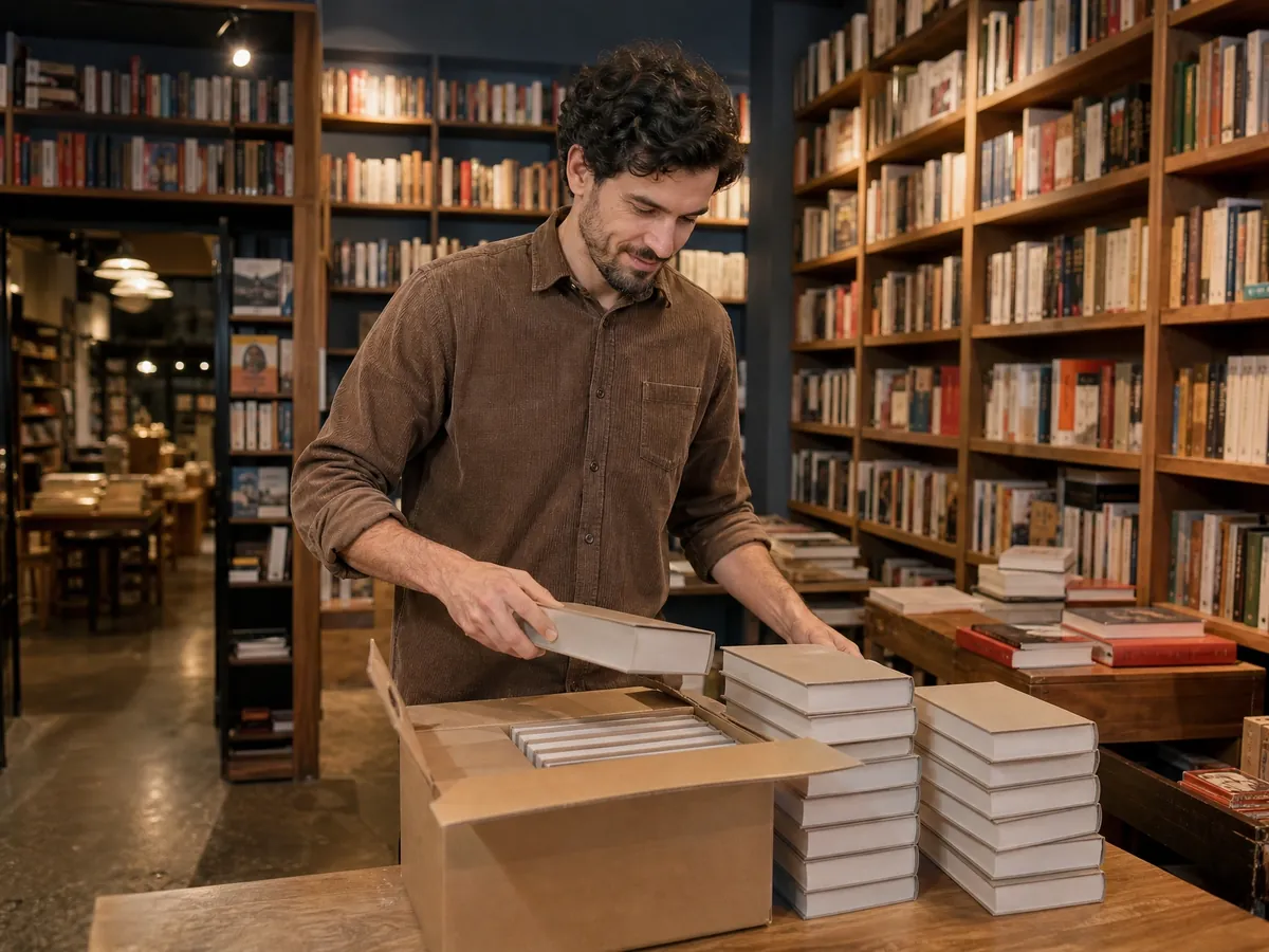 Buchhändler packt in seiner Buchhandlung eine Bücherlieferung aus und stapelt sie auf dem Ladentisch