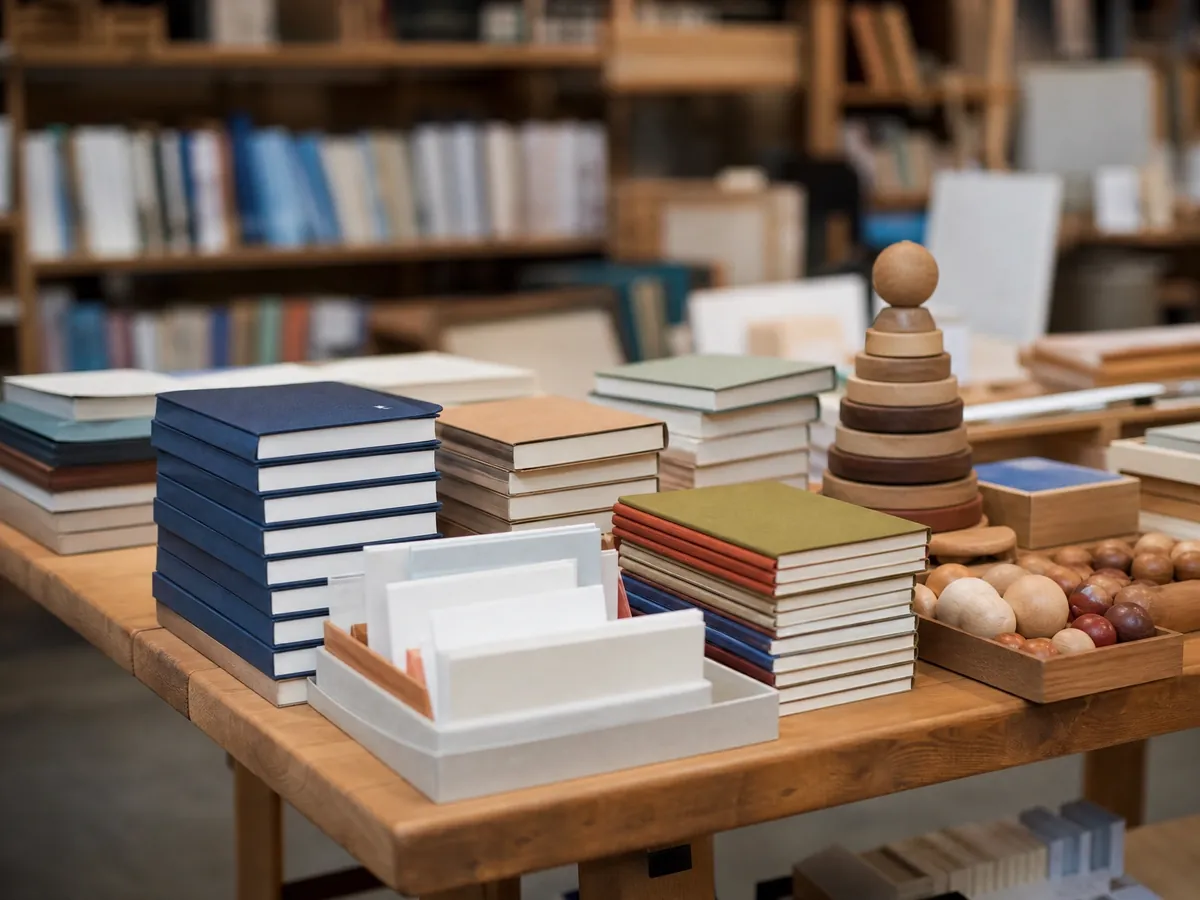 Ladentisch einer Buchhandlung mit Büchern, Notizbüchern, Grußkarten und einem Holzspiel