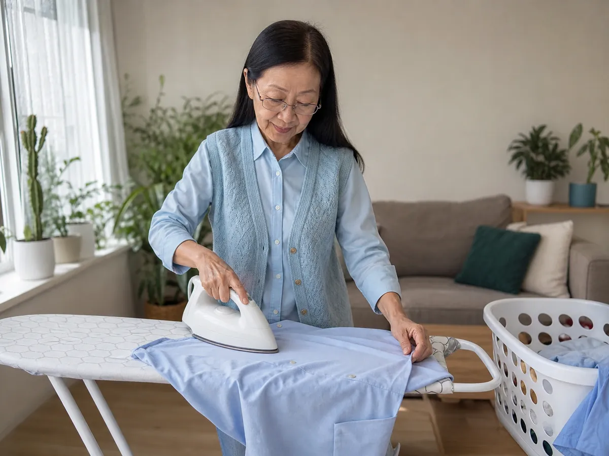 Bügelkraft bügelt im Wohnzimmer einer Kundin eine Bluse, daneben ein Wäschekorb