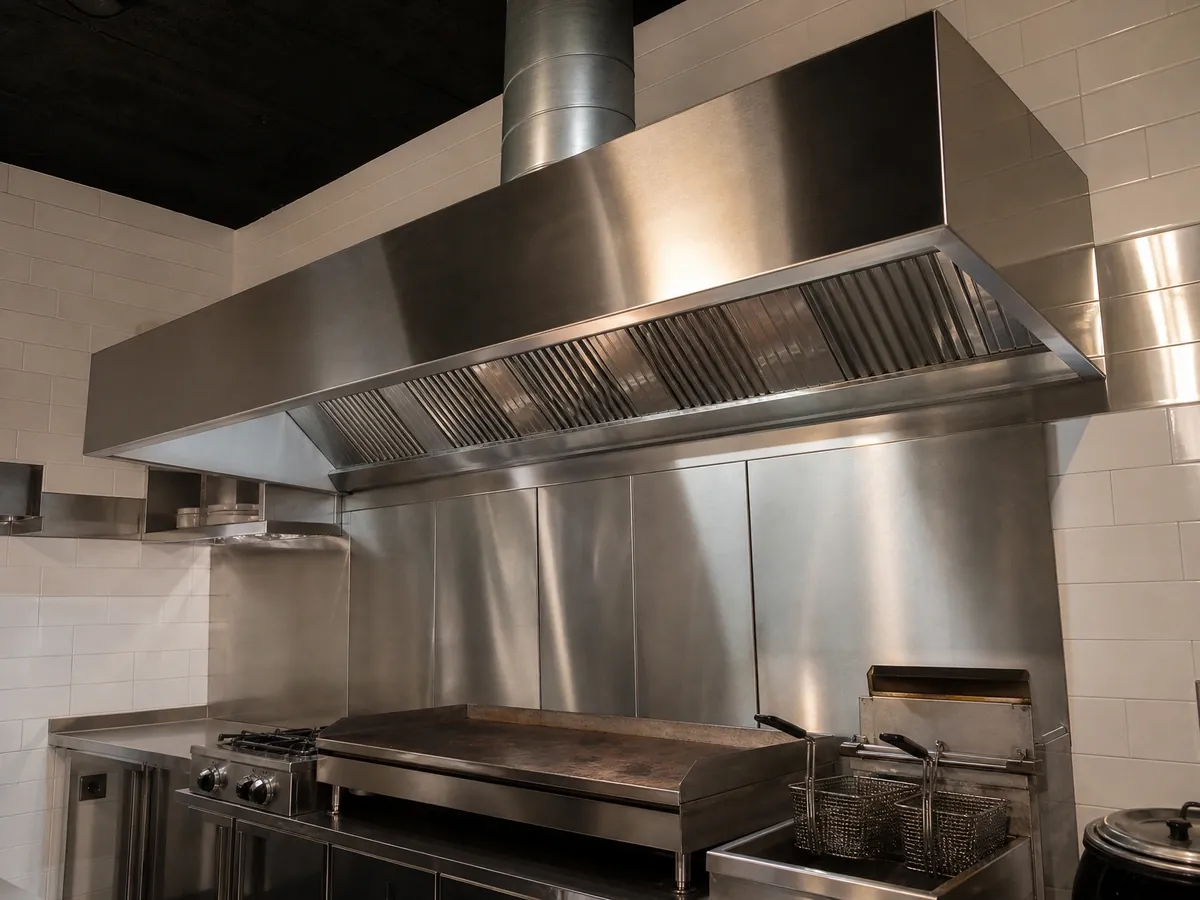 Neue Abzugshaube aus Edelstahl über Grillplatte und Fritteuse in der Küche eines Burgerladens