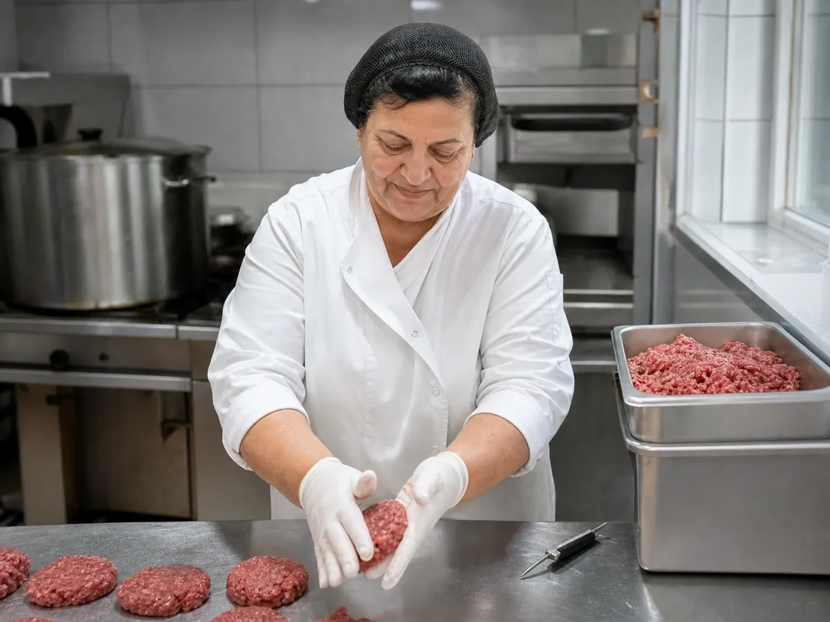 Köchin formt im Burgerladen mit Einweghandschuhen Hackfleisch-Patties an der Edelstahlfläche