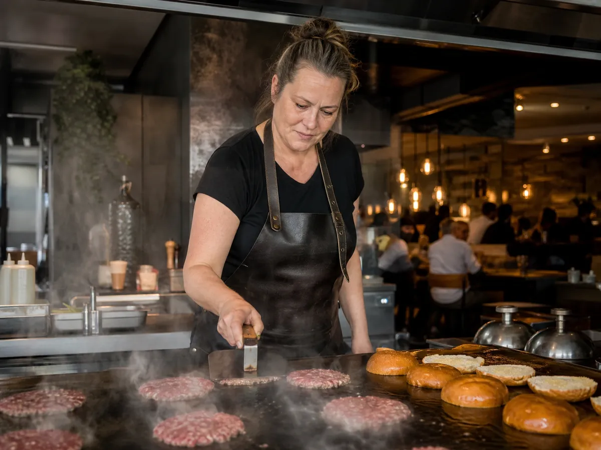 Köchin drückt im Burgerladen Smash-Patties auf der Grillplatte flach, daneben getoastete Brötchen
