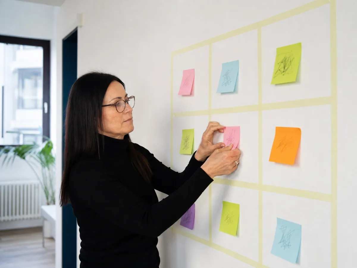 Gründerin klebt Haftnotizen in die neun Felder eines Business Model Canvas an der Wand