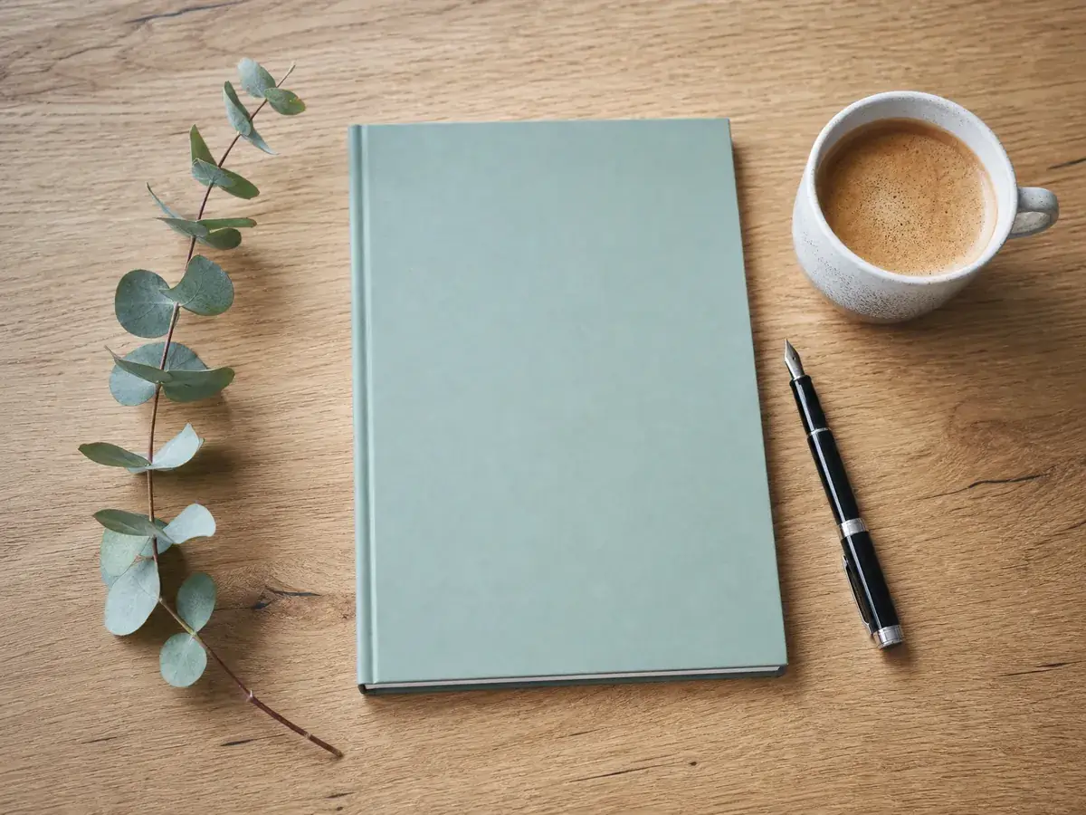 Gebundener Businessplan mit schlichtem Deckblatt auf einem Eichentisch, daneben Füller und Kaffeetasse