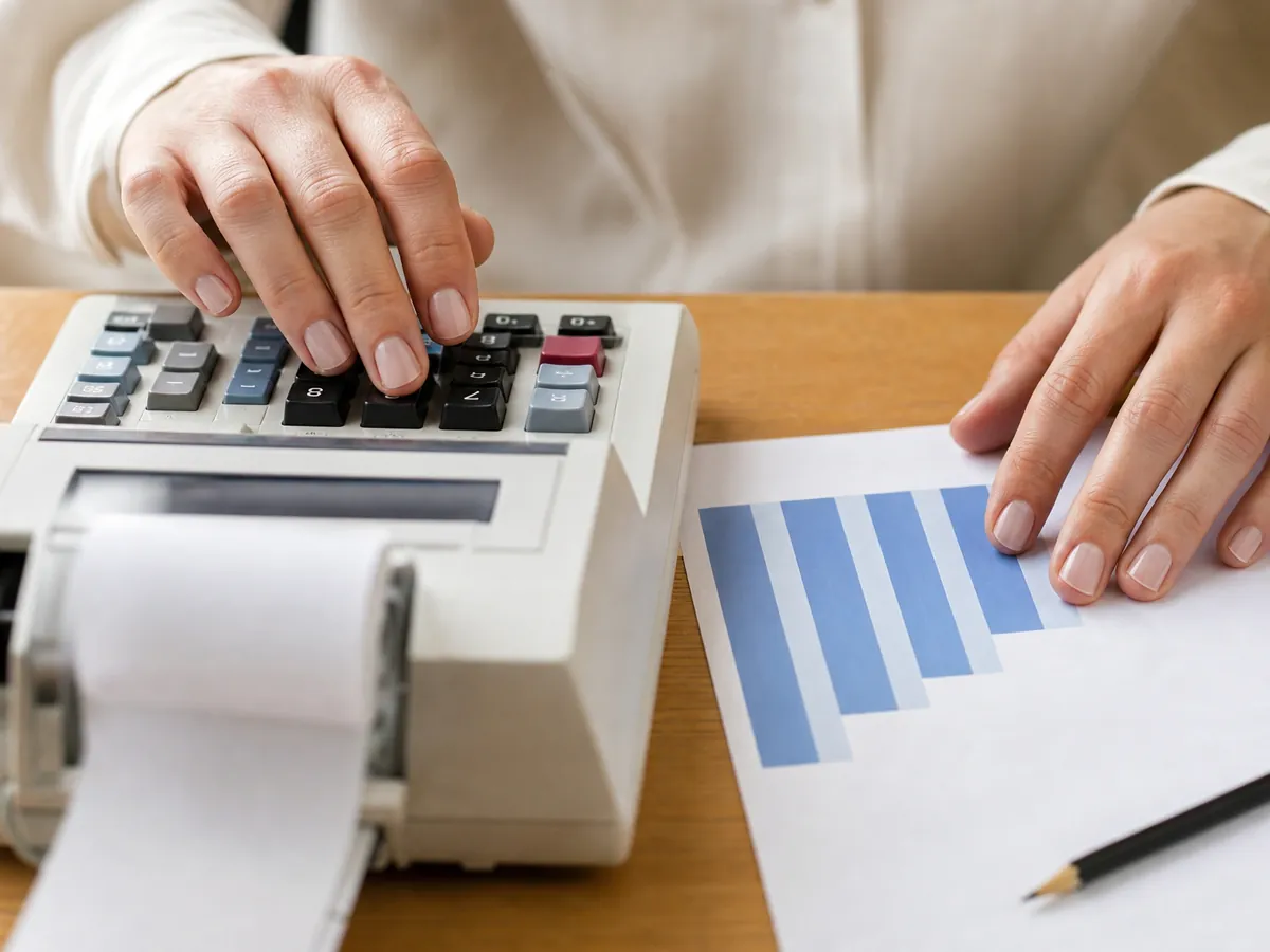 Hände rechnen am Tischrechner den Finanzteil eines Businessplans durch, daneben ein Balkendiagramm