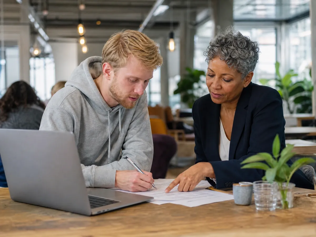 Gründer arbeitet an seinem Businessplan, eine Coachin begleitet ihn und zeigt auf eine Stelle im Entwurf