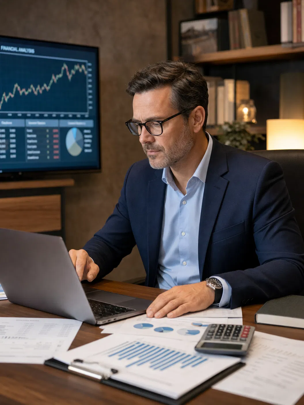 Mann mit Brille arbeitet am Laptop, auf dem Schreibtisch liegen Diagramme und ein Taschenrechner, im Hintergrund ein Bildschirm mit Kurven