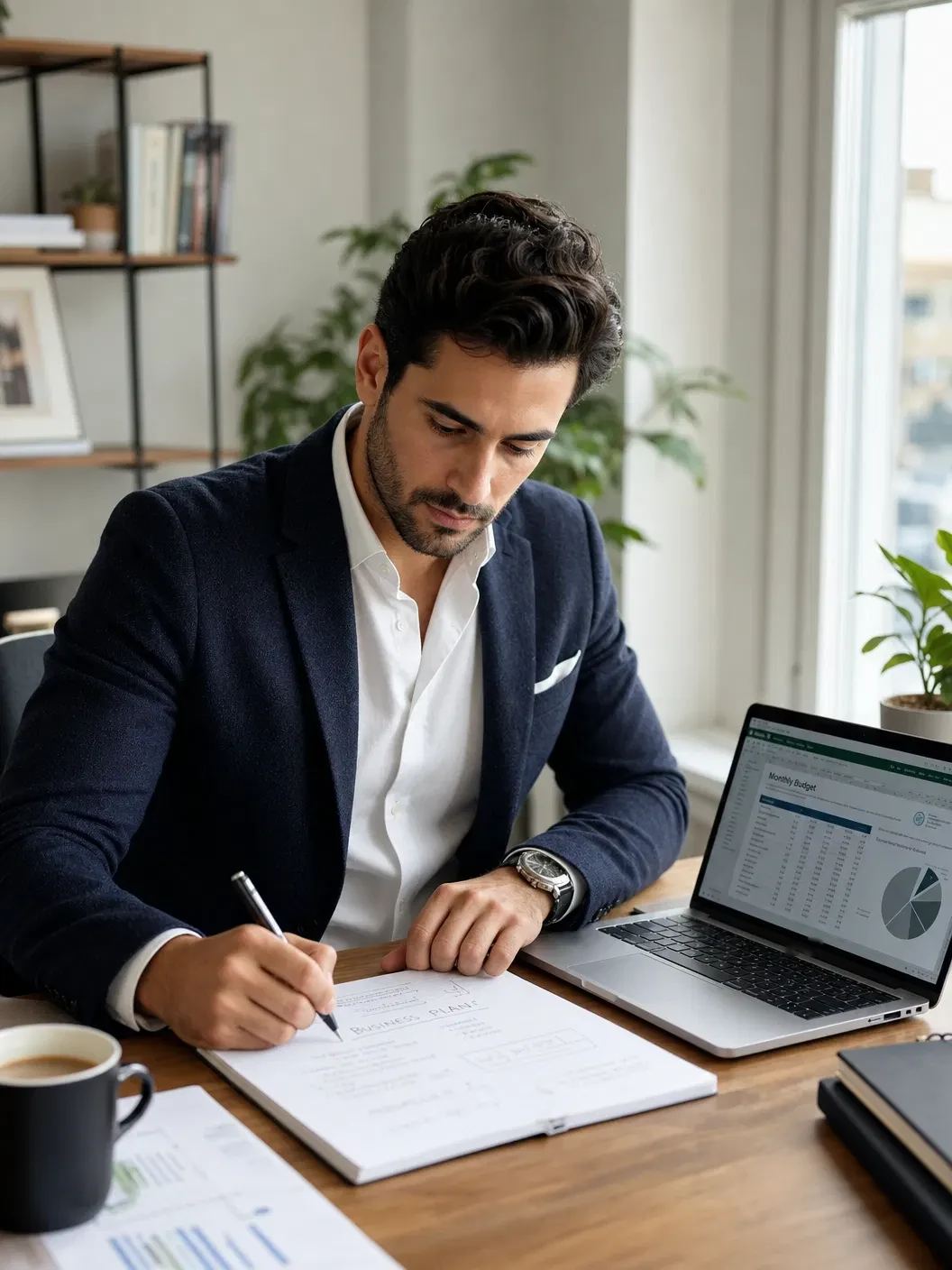 Mann im Sakko schreibt am Schreibtisch Notizen auf ein Blatt, daneben ein aufgeklappter Laptop mit einer Tabelle und ein Kaffeebecher