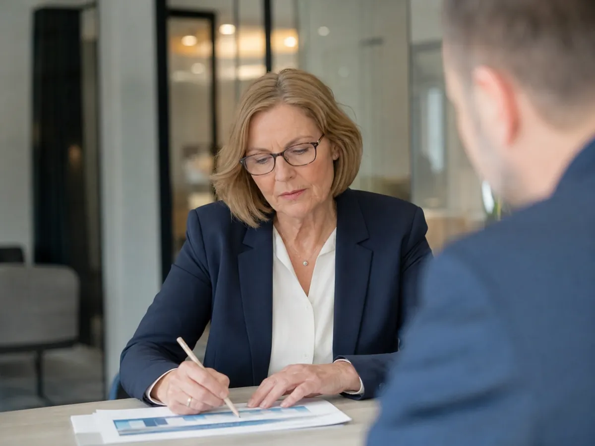 Bankberaterin prüft im Besprechungsraum einen Businessplan und markiert eine Zahl mit dem Bleistift