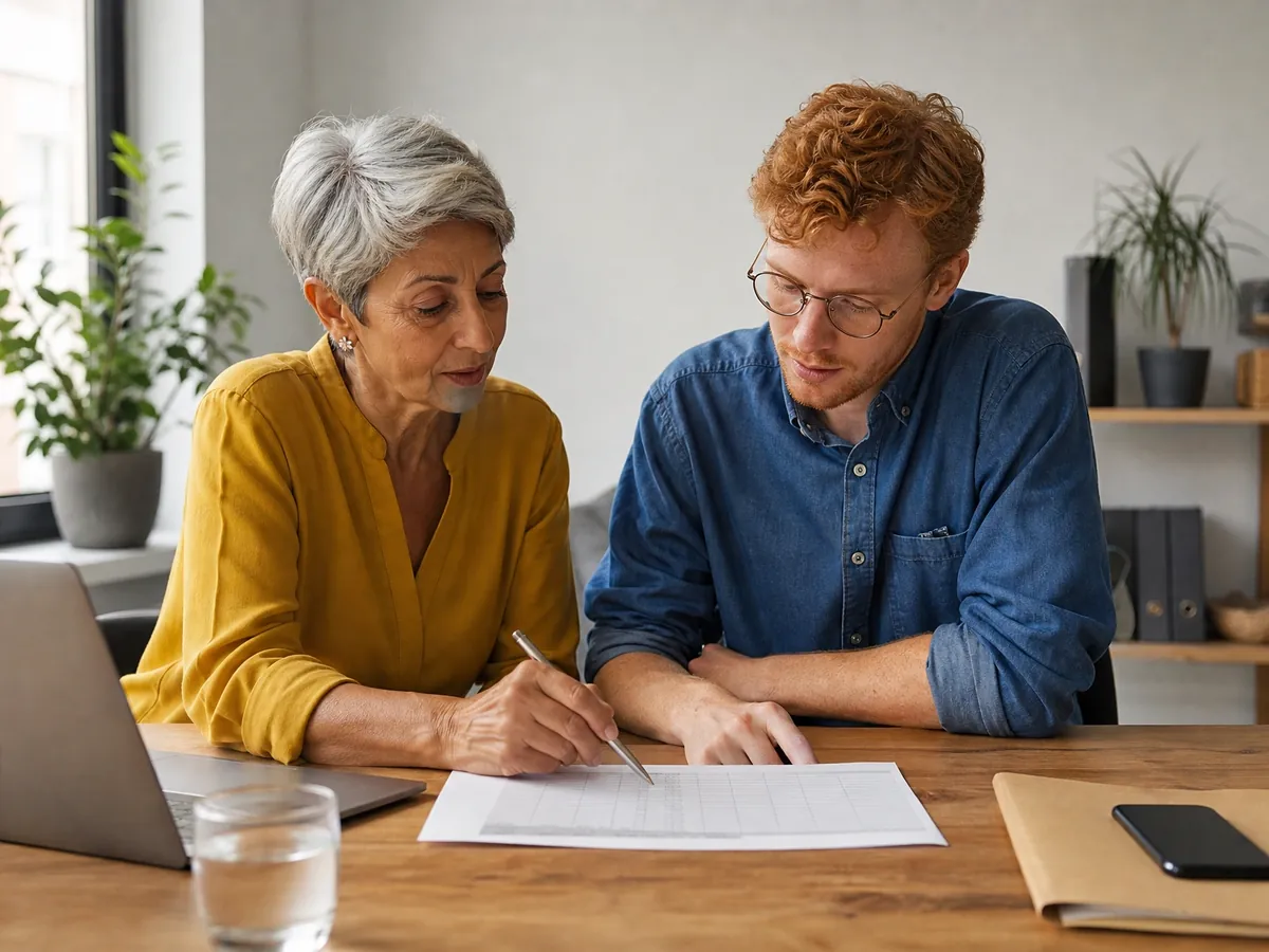 Coachin geht mit einem Gründer den Finanzplan seines Businessplans durch und zeigt auf eine Spalte