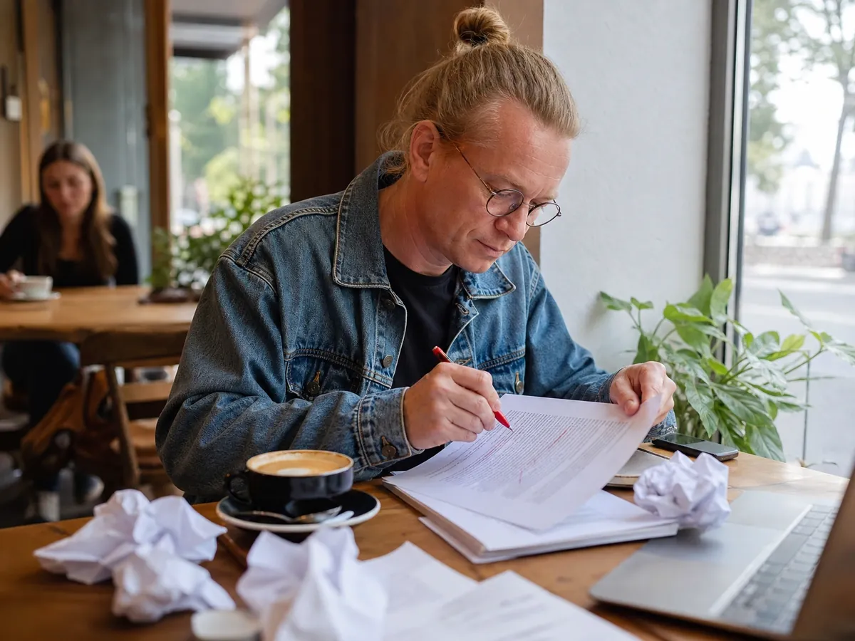 Gründer kürzt im Café die Zusammenfassung seines Businessplans mit dem Rotstift