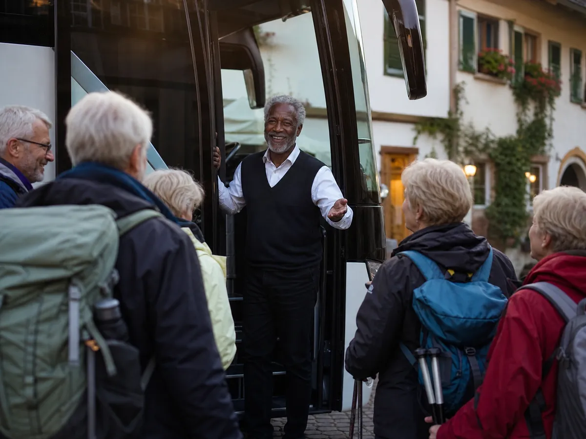 Busunternehmer begrüßt vor dem Reisebus eine Wandergruppe zum gebuchten Vereinsausflug