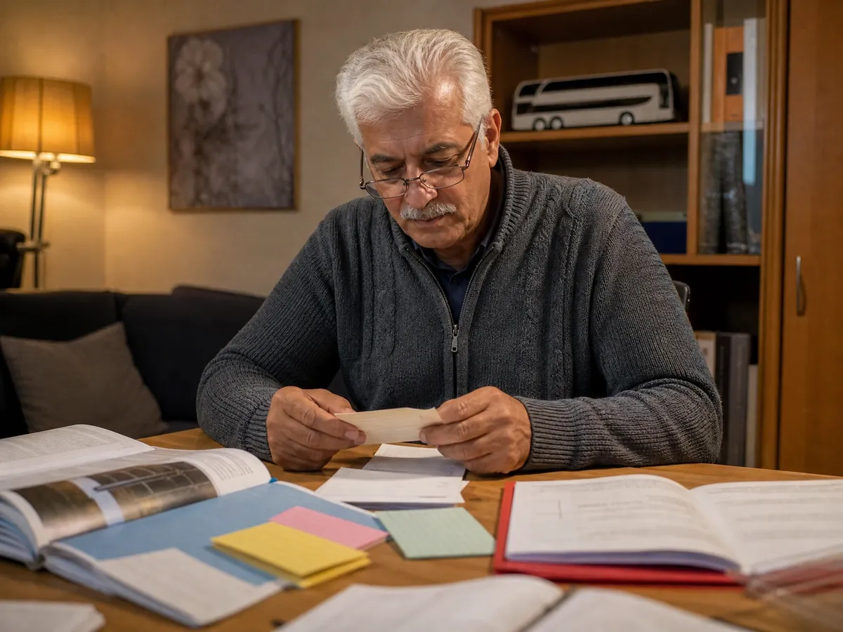 Angehender Busunternehmer lernt am Wohnzimmertisch mit Fachbüchern für die Fachkundeprüfung