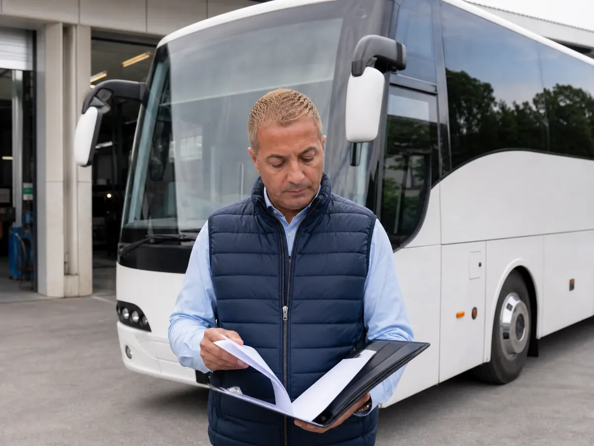 Busunternehmer prüft auf seinem Betriebshof Unterlagen vor einem weißen Reisebus