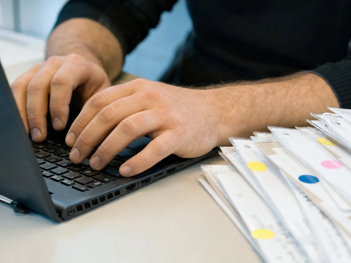 Hände erfassen Belege mit farbigen Klebepunkten am Laptop, um die BWA selbst zu erstellen
