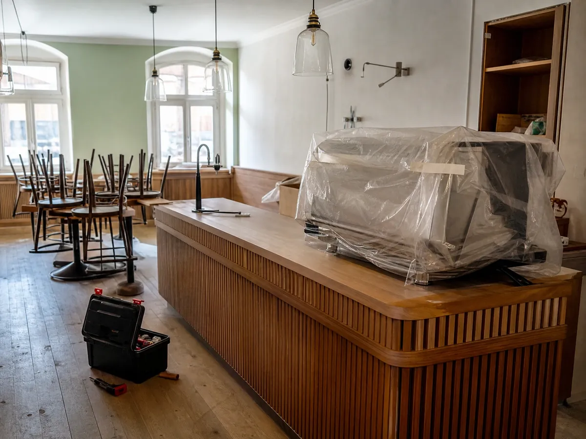Café im Umbau mit neuer Siebträgermaschine in Folie, gestapelten Stühlen und frisch gestrichenen Wänden