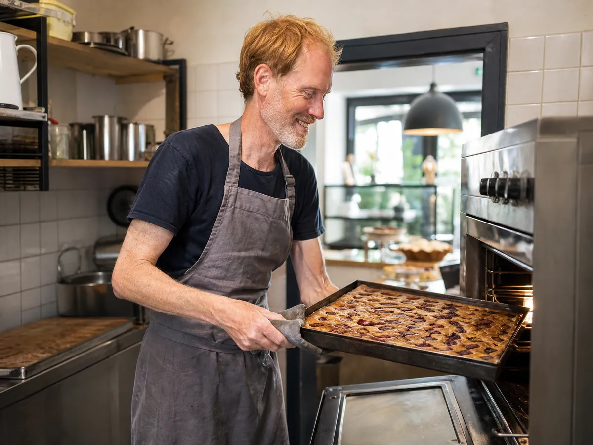 Cafébetreiber holt in seiner Café-Küche selbst gebackenen Zwetschgenkuchen aus dem Ofen