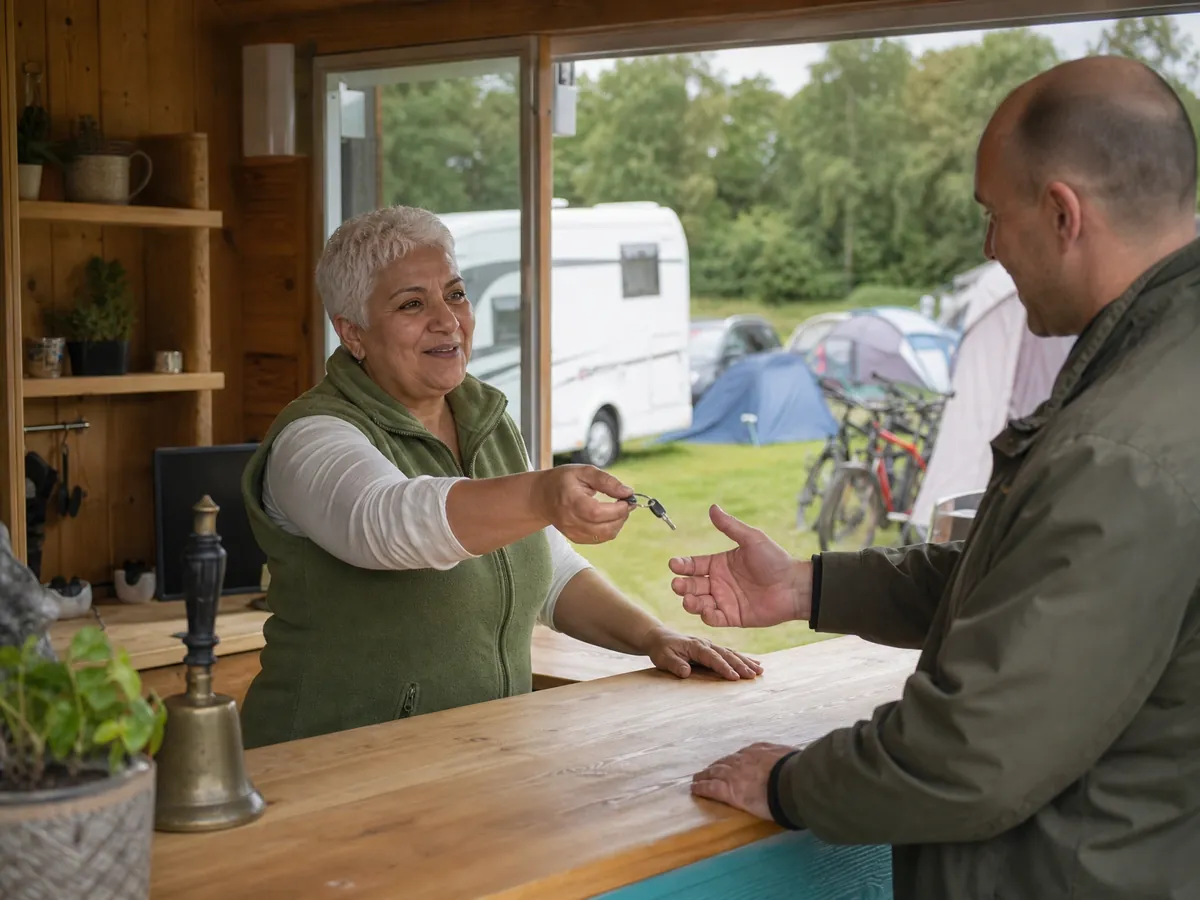 Betreiberin eines Campingplatzes begrüßt an der Rezeption einen Gast und übergibt einen Schlüssel