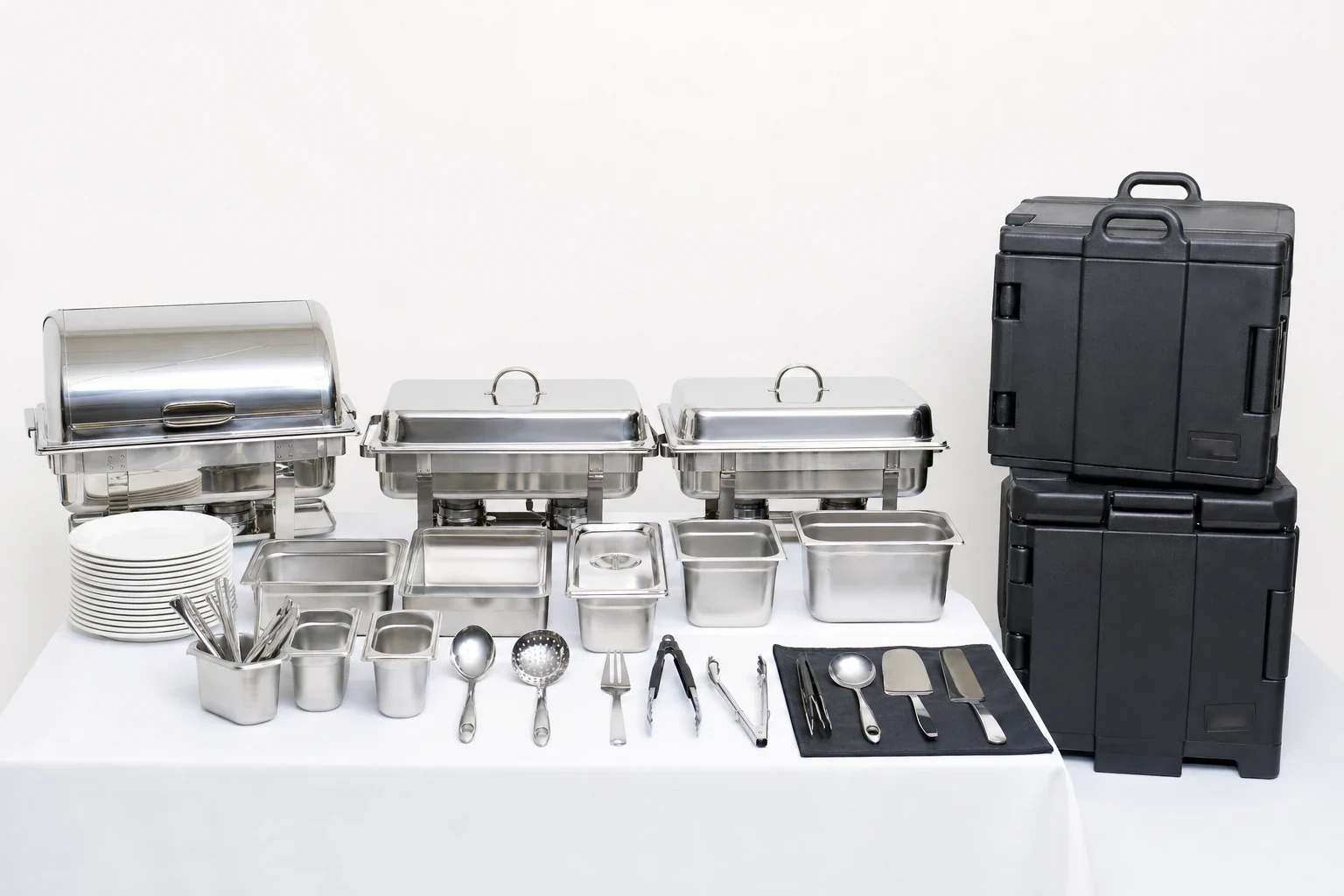 Warmhaltebehälter, Edelstahlschalen, Besteck und Transportboxen auf einem weiß gedeckten Tisch
