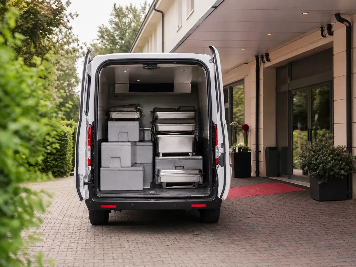 Kühltransporter mit Thermoboxen und Chafing Dishes vor einem Veranstaltungssaal beim Catering