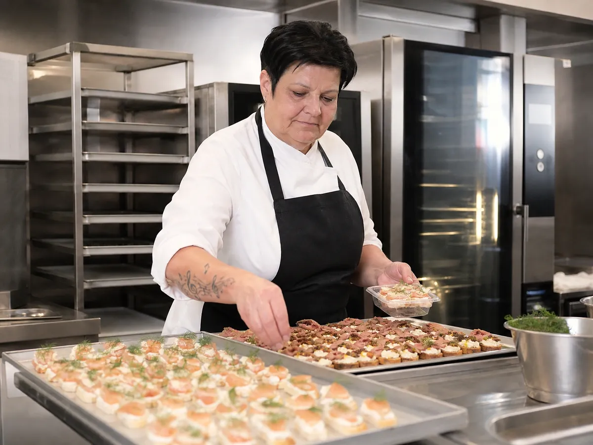 Caterin bereitet in einer gemieteten Gewerbeküche Fingerfood auf großen Blechen vor