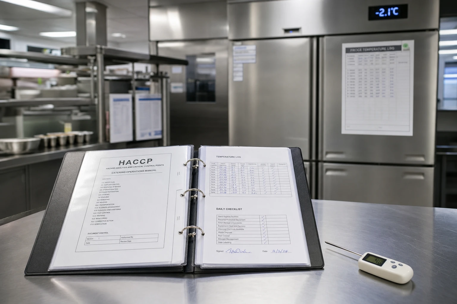 Geöffneter HACCP-Ordner mit Checklisten und ein digitales Thermometer auf einer Edelstahlfläche in einer Profiküche