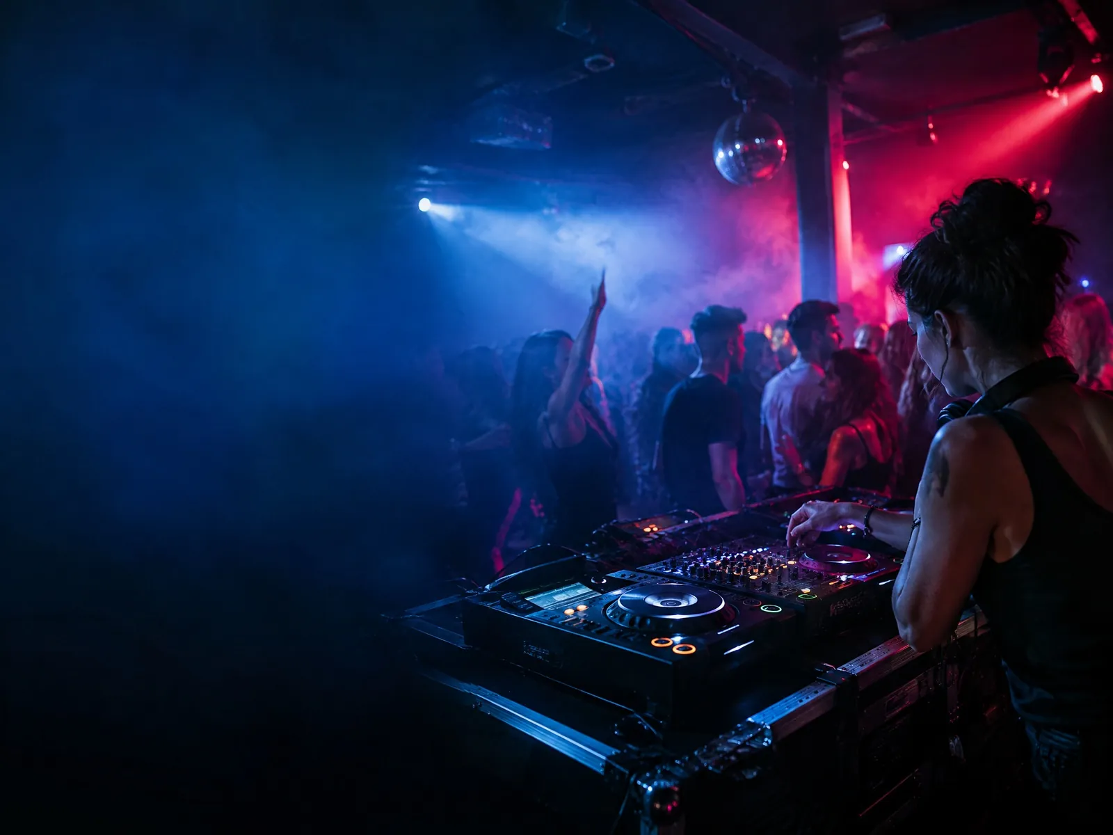 DJ legt in einem Musikclub auf, dahinter tanzt das Publikum in blauem und rotem Licht